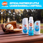 Three OFF! adults & kids product forms arranged on a wooden bench next to a baseball glove and ball, partnership callout above