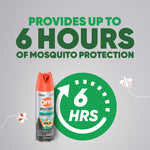 OFF! Sportsmen Smooth & Dry aerosol can next to a large green clock icon advertising up to 6 hours of mosquito protection