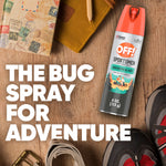 Top-down lifestyle shot of an OFF! Sportsmen Smooth & Dry 4 oz can on a wooden surface with outdoor gear and bold product headline