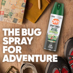 OFF! Sportsmen Deep Woods Dry aerosol can shown on a wooden surface with adventure gear and bold product tagline