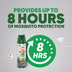 OFF! Sportsmen Deep Woods Dry can next to a green circular graphic reading 8 HRS, with headline about up to 8 hours protection