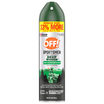 Tall OFF! Sportsmen Deep Woods aerosol can with green cap and yellow ‘33% more’ bonus-size banner on a white background