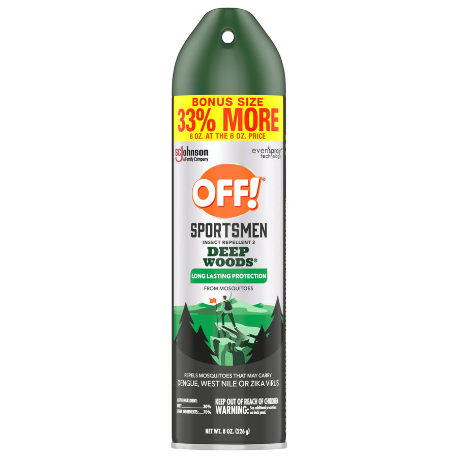 Tall OFF! Sportsmen Deep Woods aerosol can with green cap and yellow ‘33% more’ bonus-size banner on a white background