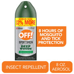 Front view of an OFF! Sportsmen Deep Woods aerosol can with promotional 33% more banner and inset product callouts.