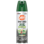 Tall aerosol can of OFF! Sportsmen Deep Woods Dry insect repellent with green cap and outdoor canoe illustration on the label