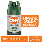 Front-facing OFF! Sportsmen Deep Woods Dry aerosol can with orange callout stating 8 hours of non-greasy protection