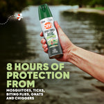 Hand holding an OFF! Sportsmen Deep Woods Dry insect repellent aerosol can over a lake, with protection claim text