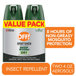 OFF! Sportsmen Deep Woods Dry aerosol value pack graphic showing two green-capped cans and product callouts