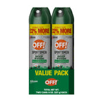 Two OFF! Sportsmen Deep Woods aerosol cans in a green value-pack sleeve with yellow “33% MORE” banners on the can tops.