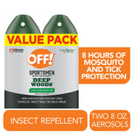 Value pack graphic showing two OFF! Sportsmen Deep Woods aerosol cans and claims of 8 hours mosquito and tick protection