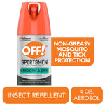 OFF! Sportsmen Smooth & Dry aerosol repellent can with orange cap and label showing 'non-greasy mosquito and tick protection'.