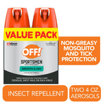 Front-facing OFF! Sportsmen Smooth & Dry aerosol value pack graphic with two orange caps and bold value-pack banner