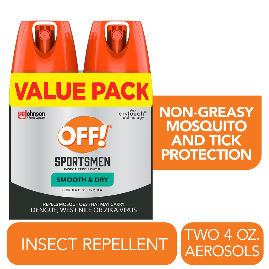 Front-facing OFF! Sportsmen Smooth & Dry aerosol value pack graphic with two orange caps and bold value-pack banner