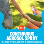 Close-up lifestyle photo of an adult spraying OFF! aerosol on a child’s arm with continuous aerosol spray messaging