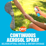 Close-up of someone spraying OFF! aerosol onto a child’s hand with text about continuous aerosol spray and coverage
