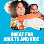 Smiling woman carrying a child with OFF! logo and message stating the product is great for adults and kids
