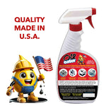 Rear label and brand mascot illustration next to a white spray bottle with 'Quality Made in U.S.A.' text