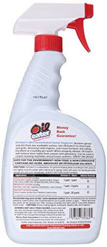 Rear and upper portion of an Oil Eater spray bottle showing red trigger, grip and back product label text