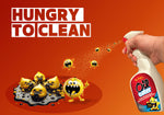 Orange promotional artwork showing Oil Eater bottle spraying cartoon yellow grease mascots with the tagline 'HUNGRY TO CLEAN'