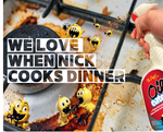Promotional image of a dirty stove grate with a hand spraying Oil Eater and playful yellow mascots plus text reading 'WE LOVE WHEN NICK COOKS DINNER'