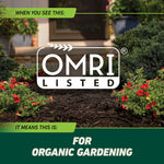 OMRI Listed badge over a landscaped garden bed indicating organic gardening suitability