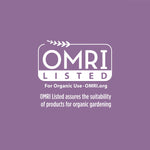 OMRI Listed certification logo on purple background stating suitability for organic use