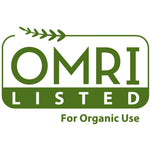 Green OMRI Listed logo with a wheat sprig and text indicating approval for organic use