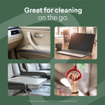 Four-scene graphic illustrating on-the-go cleaning uses: car interior, laptop on desk, airplane tray, and a hand holding a transit strap.