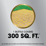Circular illustration of paved area and lawn with text '1 bottle covers 300 sq. ft.' on silver background