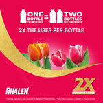 Graphic panel with pink background and tulips stating 'One bottle = two bottles' and '2X the uses per bottle' messaging