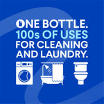 Blue graphic reading 'ONE BOTTLE. 100s OF USES FOR CLEANING AND LAUNDRY.' with icons for washer, tub, and toilet