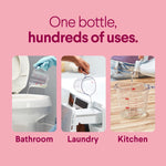 Pink infographic showing bathroom, laundry, and kitchen uses under headline one bottle, hundreds of uses