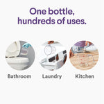 Infographic showing household uses with three circular photos labeled Bathroom, Laundry, Kitchen under headline about one bottle's uses