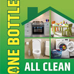 Green infographic shaped like a house showing kitchen, playroom, bathroom and laundry images with 'ONE BOTTLE' text