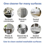 Infographic showing surfaces suitable for cleaning: countertops, stainless steel, sealed wood, tile and more