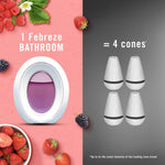 Split graphic showing a Febreze Bathroom oval device beside text equating one device to four cone air fresheners