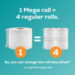 Graphic showing one large embossed toilet paper roll equaling four regular rolls with teal background and white text.