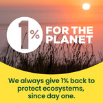 Sunset nature scene over grasses with a large '1% for the Planet' logo and text stating the brand gives one percent back to protect ecosystems.