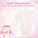 Comparison-style graphic showing two baby onesies and a Dreft pacs container with claim about cleaning performance