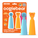 Oogiebear orange retail card with two silicone baby finger brushes in blue and orange shown against white background.