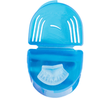 Top-down view of an open translucent blue carrying case showing a clear dental night guard sitting in the base
