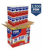 Open cardboard case of POM individually wrapped paper towel rolls stacked above the branded box with callout for 3,300 sheets per case.