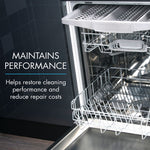 Open stainless steel dishwasher interior with text stating it maintains performance and helps restore cleaning performance