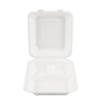 Open empty white hinged compostable 3-compartment takeout container against a white background