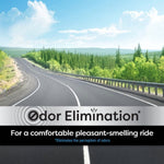 Open highway through green forest with text overlay promoting Odor Elimination for a pleasant-smelling ride