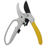 Open ratcheting pruning shears showing silver frame, yellow handle and black cutting blade against white background