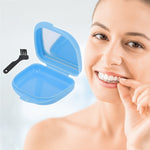 Open blue retainer case with interior mirror shown beside a small black brush and a smiling person holding a clear aligner