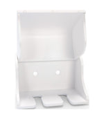 Open white plastic pop-up toothbrush dispenser showing interior cavity and two circular mounting holes