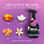 Opulence Bloom fragrance graphic showing amber, muguet, musk and vanilla icons beside Pinalen Luxury Scents bottle