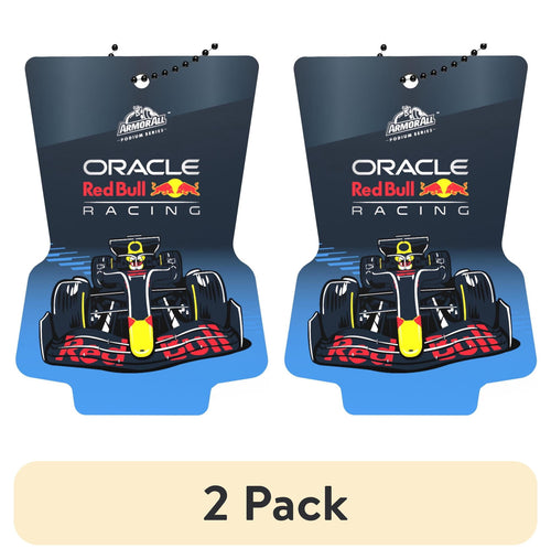Two Oracle Red Bull Racing shaped hanging car air fresheners with race car artwork and ball chains on white background